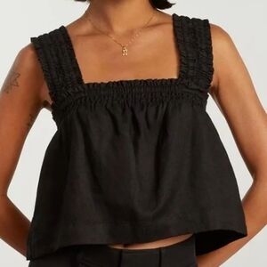 Everlane Tank Top Women XS Black Linen Smocked Crop Blouse Shirt Scrunchie
